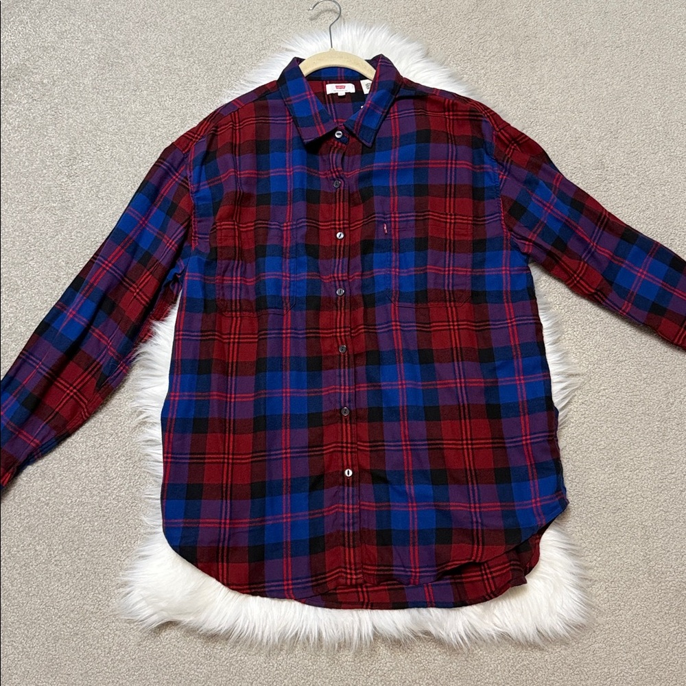 NWT Levi’s Relaxed Fit Plaid Cotton Blend Utility Shirt in Warm Cabernet - Large